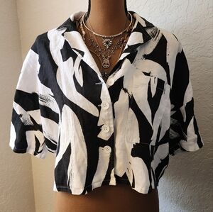 Womens DKNY PURE Black and White Linen Crop Button-Up Top Extra Small